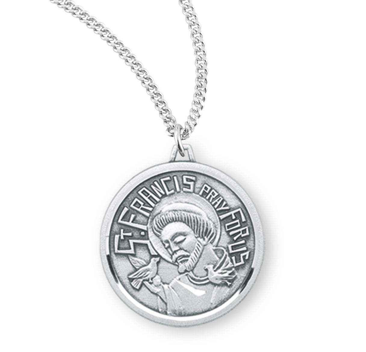 Saint Francis Round Contemporary Sterling Silver Medal Pendant with Chain | .925 Silver