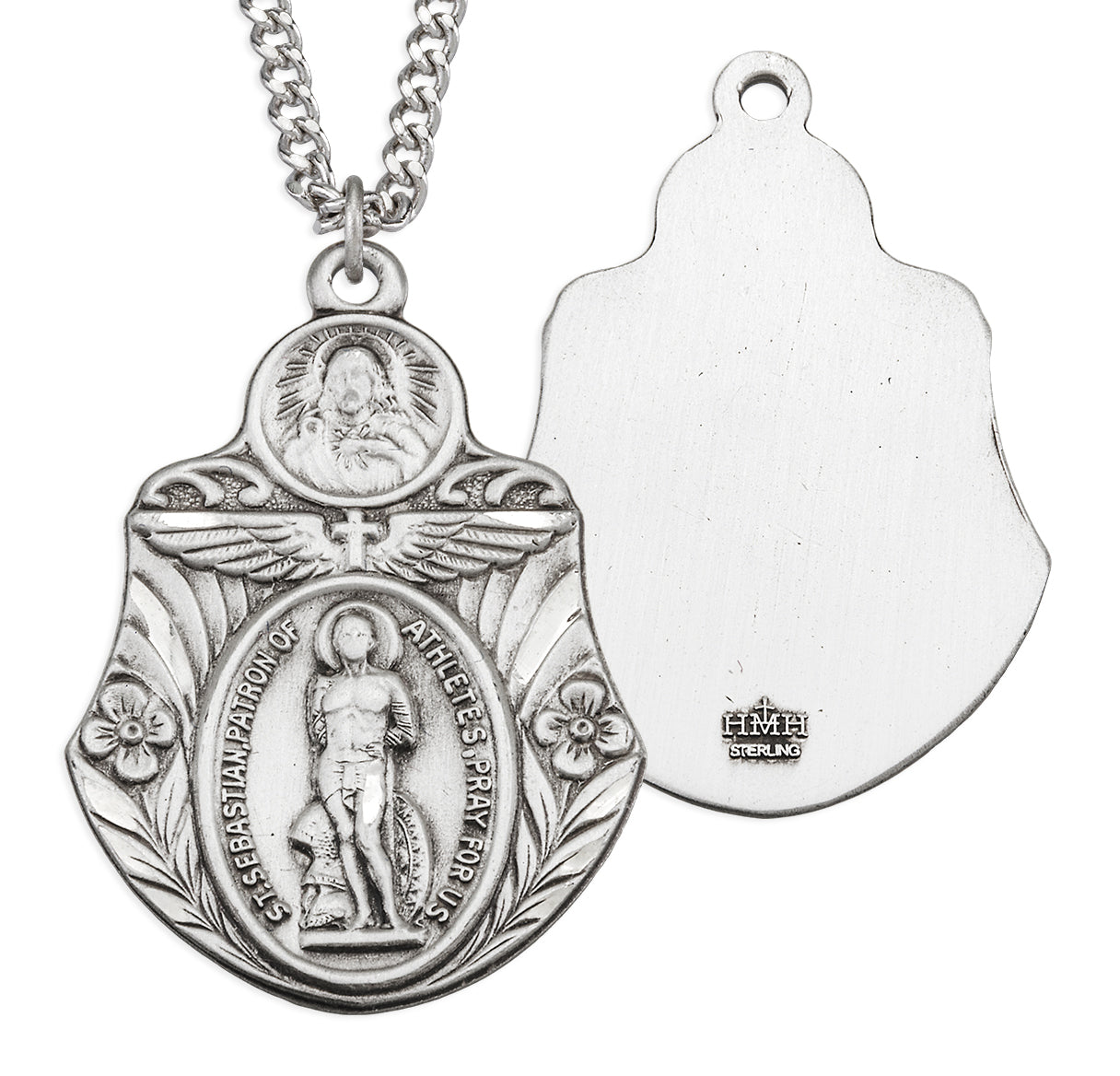 Saint Sebastian "Patron of Athletes" Sterling Silver Badge Shape Medal Pendant with Chain | .925 Silver