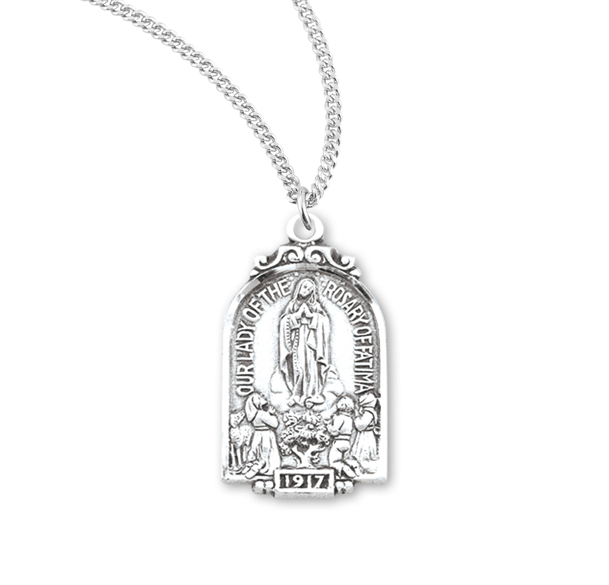 Sterling Silver Our Lady Of Fatima Arch Medal Pendant with Chain | .925 Silver