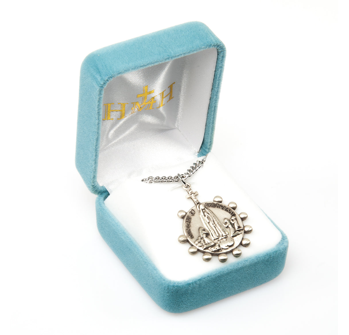 Our Lady of the Rosary Round Sterling Silver Medal Pendant with Chain | .925 Silver