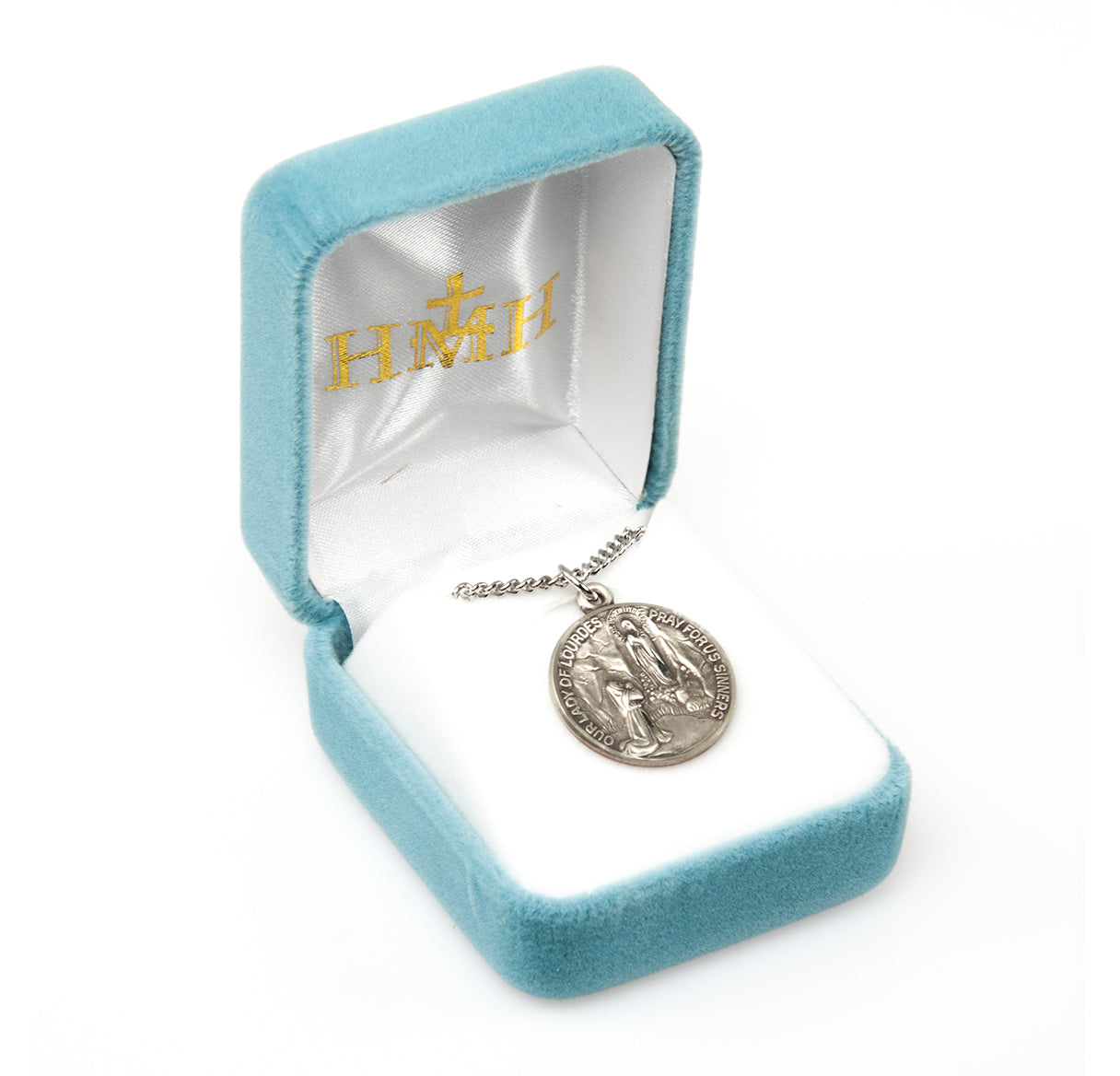 Our Lady of Lourdes Round Sterling Silver Medal Pendant with Chain | .925 Silver