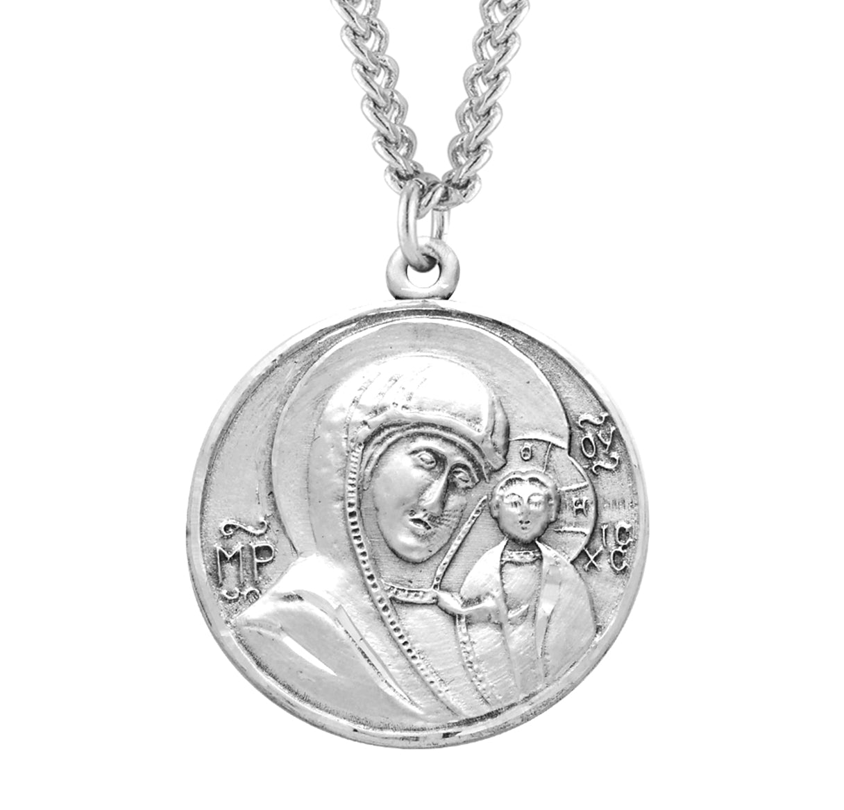 Madonna and Child Round Sterling Silver Medal Pendant with Chain | .925 Silver