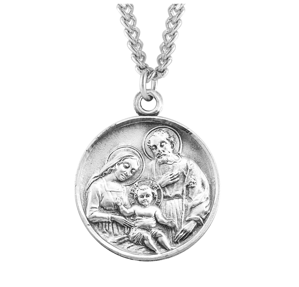Holy Family Round Sterling Silver Medal Pendant with Chain | .925 Silver