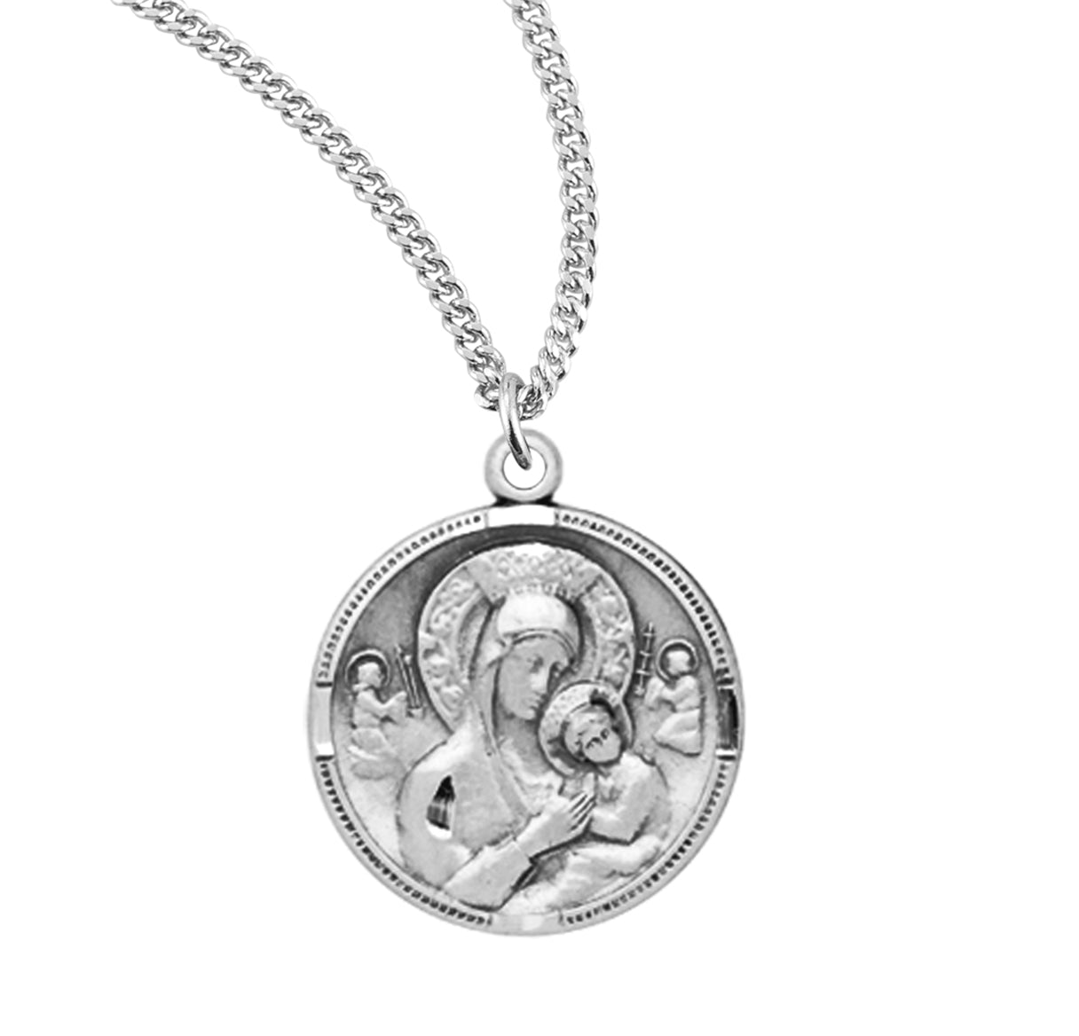 Our Lady of Perpetual Help Round Sterling Silver Medal Pendant with Chain | .925 Silver