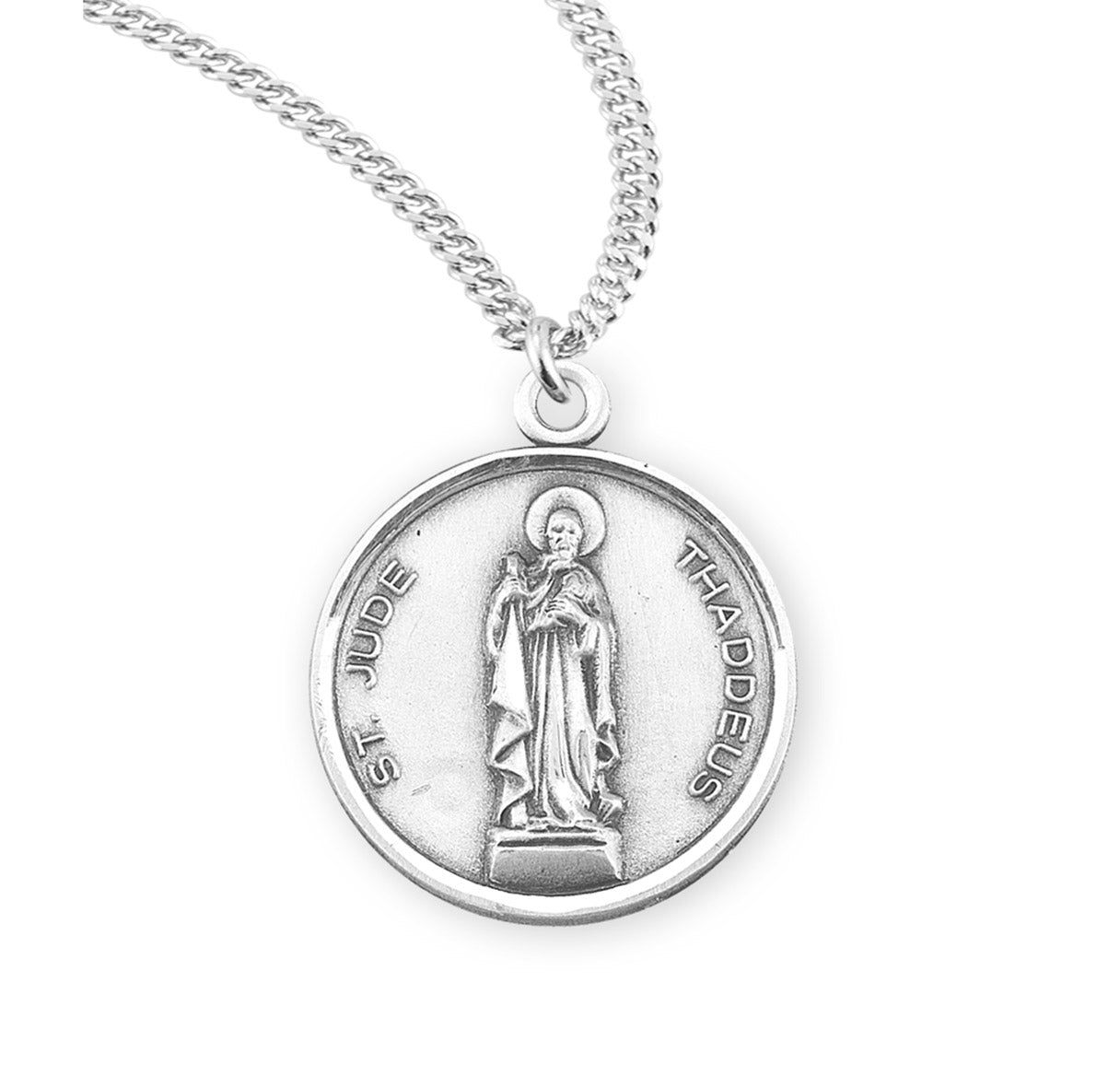 Saint Jude Thaddeus Round Sterling Silver Medal Pendant with Chain | .925 Silver