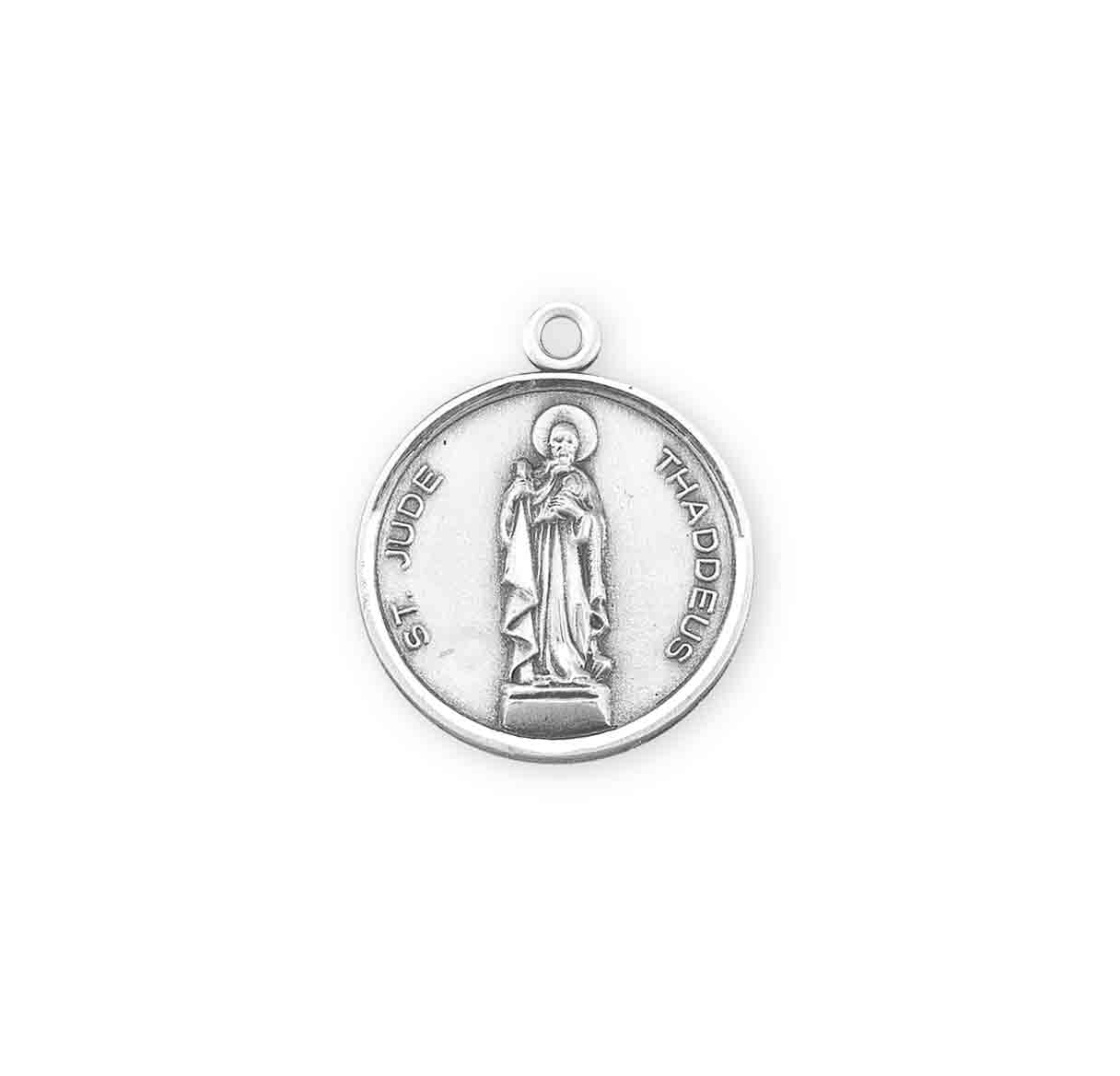 Saint Jude Thaddeus Round Sterling Silver Medal Pendant with Chain | .925 Silver