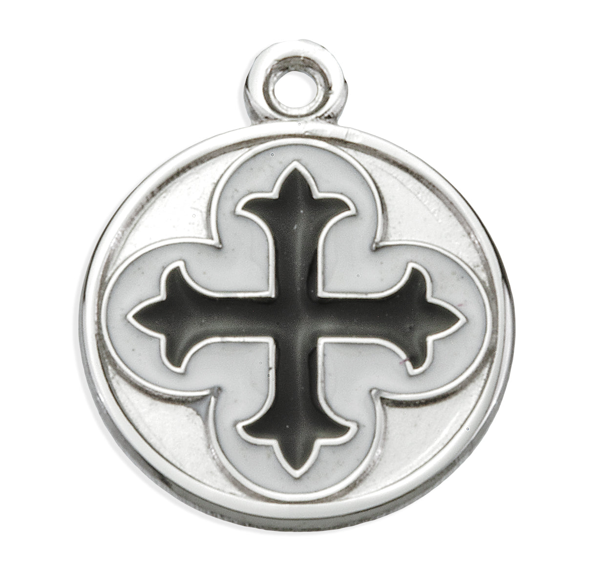 Sterling Silver Round Clover Cross Medal with Black Epoxy Necklace | .925 Silver