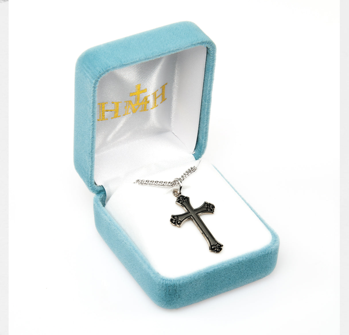 Swirl Tip Black Enameled Sterling Silver Cross Necklace | .925 Silver