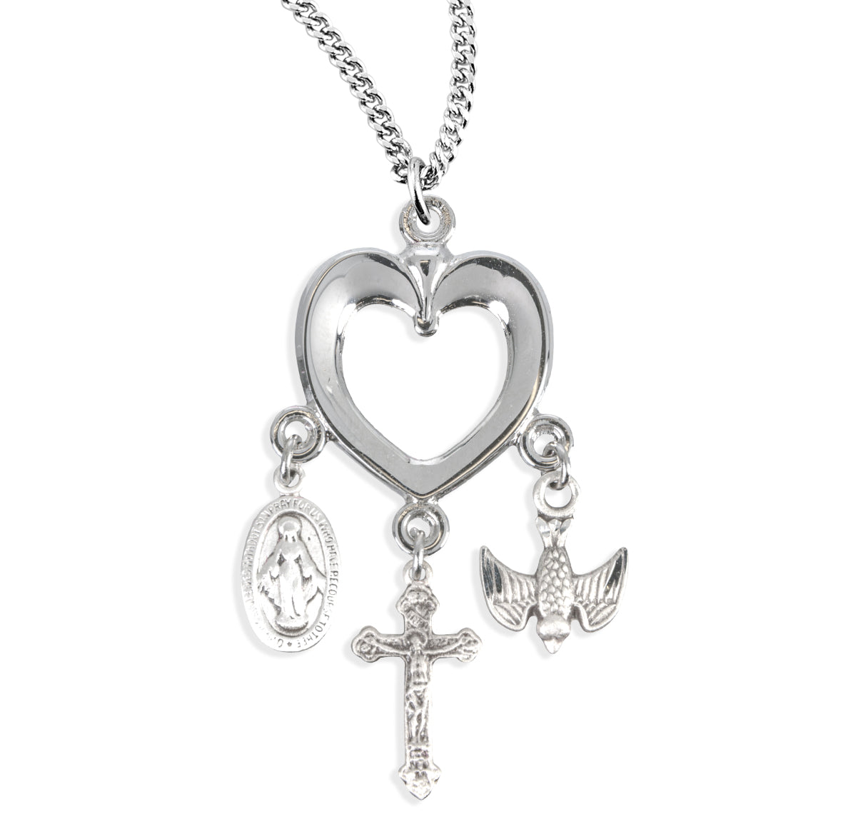 Sterling Silver Heart with Miraculous Medal, Crucifix & Holy Spirit Charms Necklace | .925 Silver