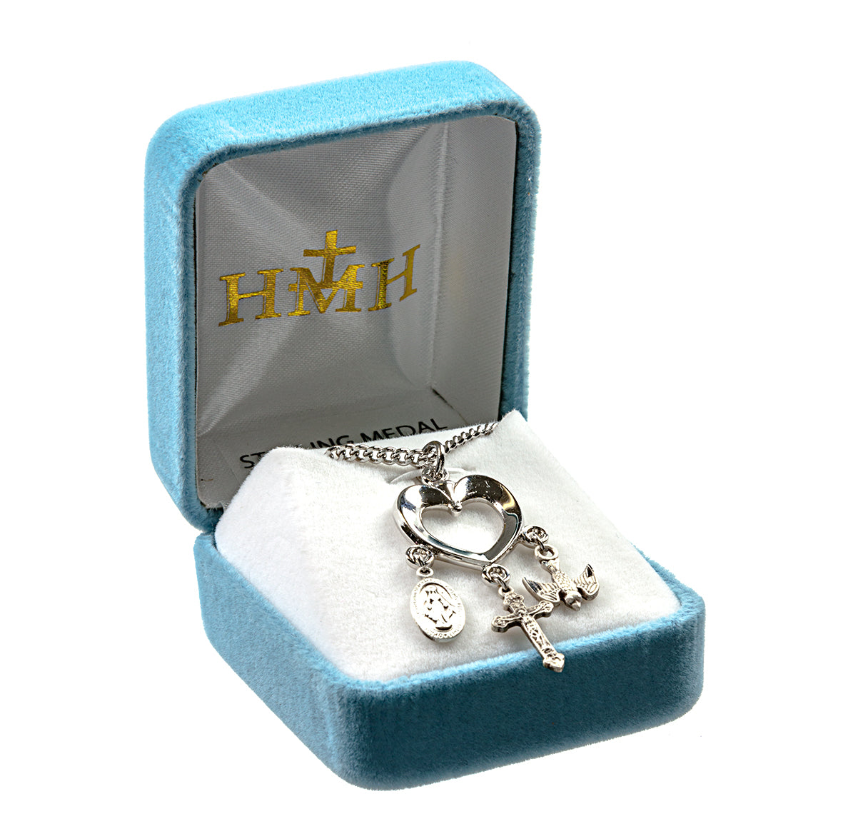 Sterling Silver Heart with Miraculous Medal, Crucifix & Holy Spirit Charms Necklace | .925 Silver