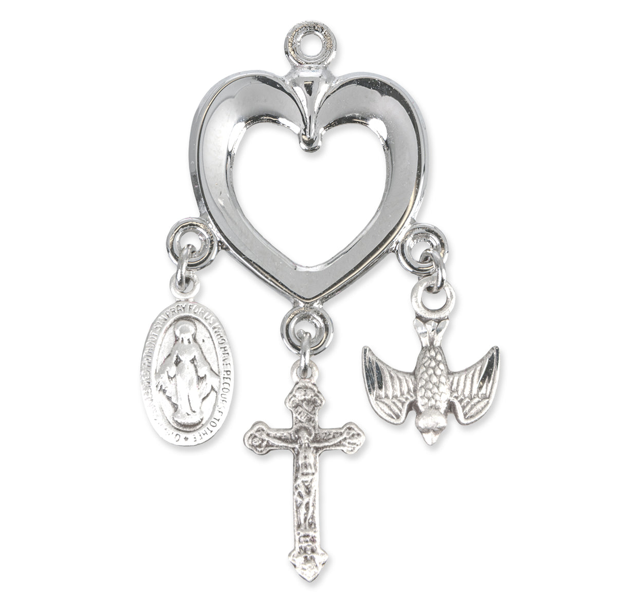 Sterling Silver Heart with Miraculous Medal, Crucifix & Holy Spirit Charms Necklace | .925 Silver