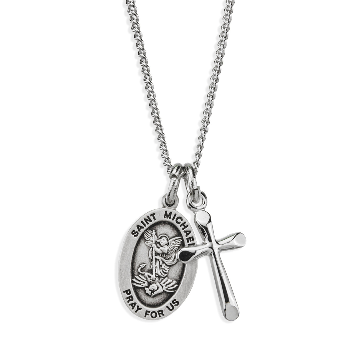 Sterling Silver Small St. Michael Medal and Small Cross Necklace | .925 Silver