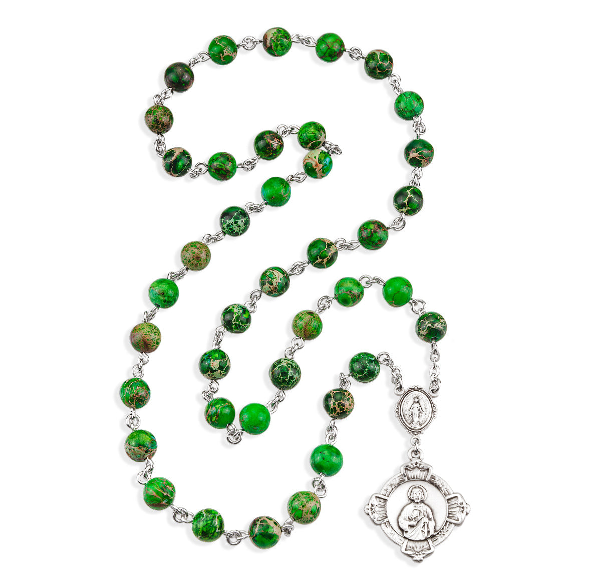 Sterling Silver St. Jude Chaplet with Miraculous Centerpiece made with Imperial 8mm Green Jasper Beads 6mm Necklace | .925 Silver