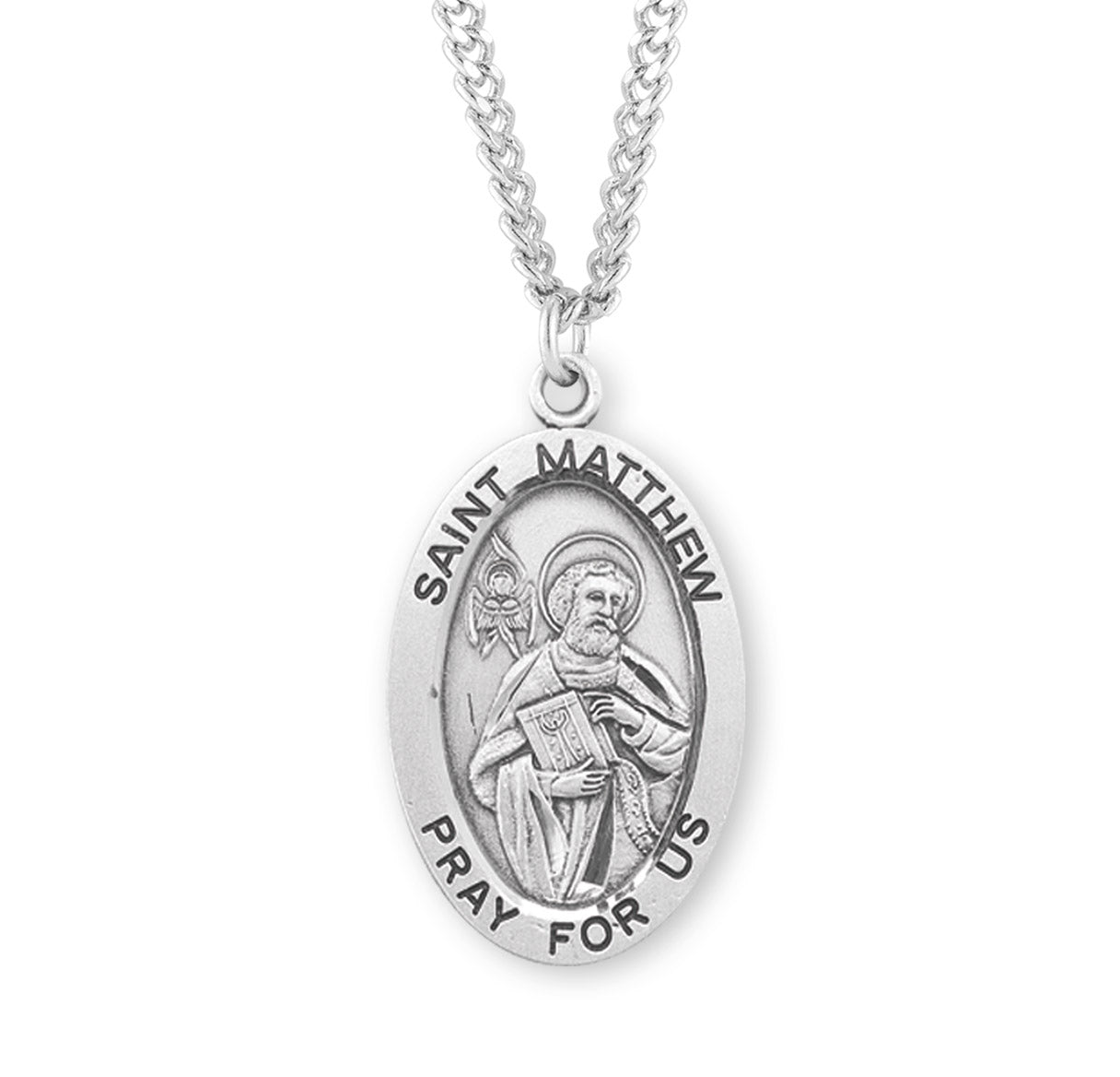 Patron Saint Matthew Oval Sterling Silver Medal Pendant with Chain | .925 Silver