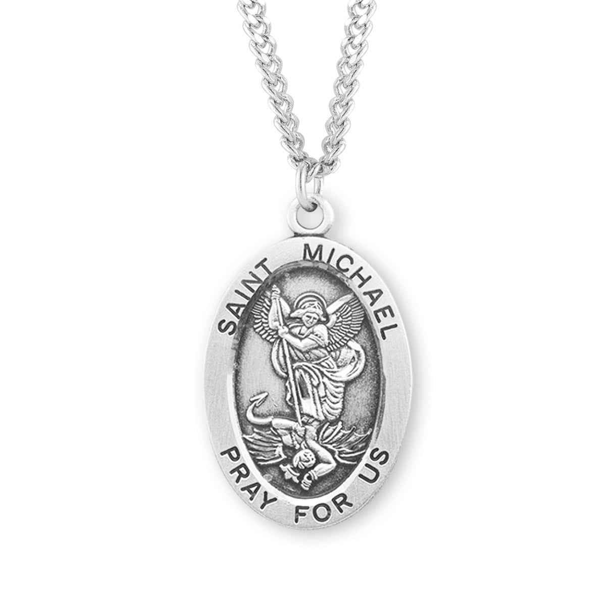 Patron Saint Michael Oval Sterling Silver Medal Pendant with Chain | .925 Silver