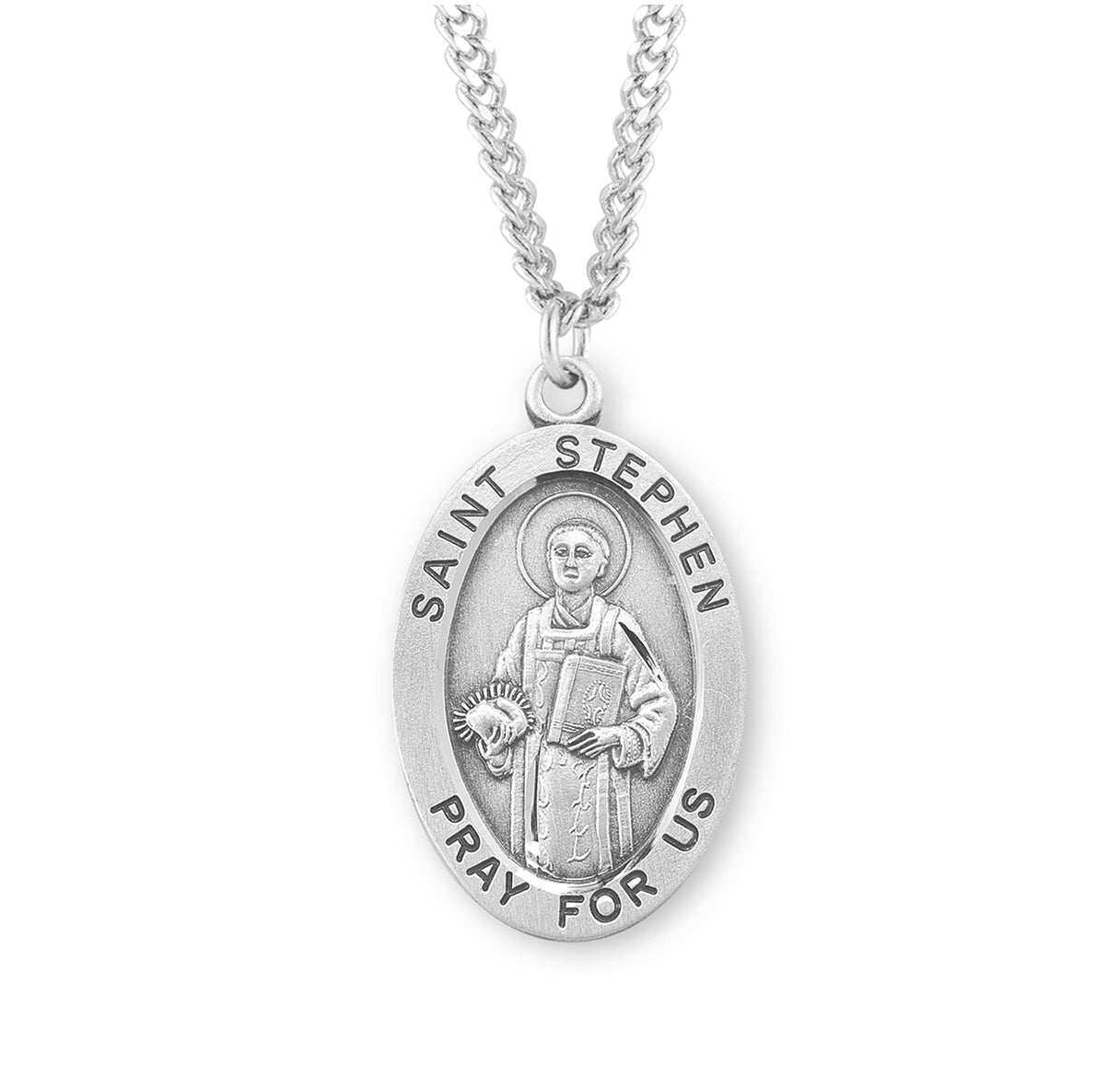 Patron Saint Stephen Oval Sterling Silver Medal Pendant with Chain | .925 Silver