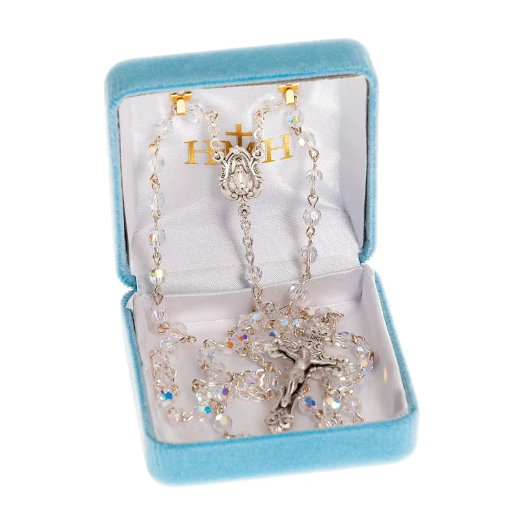 Sterling Silver Rosary Handmade with Crystals by Swarovski® 5mm Aurora Borealis Faceted Round Rosary Beads by HMH | .925 Silver