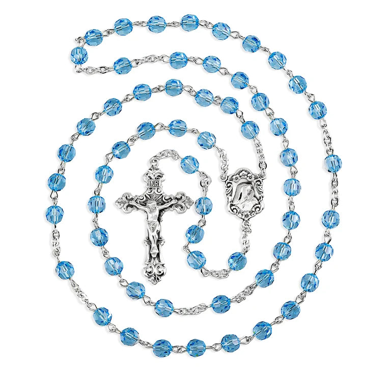 Sterling Silver Rosary Handmade with Aqua Crystals by Swarovski® 6mm Faceted Round Beads by HMH | .925 Silver