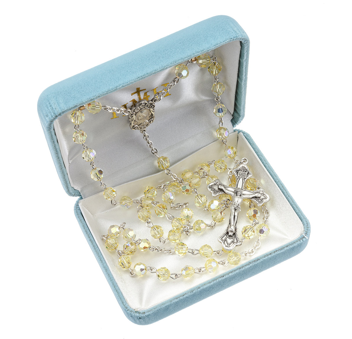 Sterling Silver Rosary Handmade with finest Austrian Crystal 6mm Jonquil Faceted Round Beads by HMH | .925 Silver