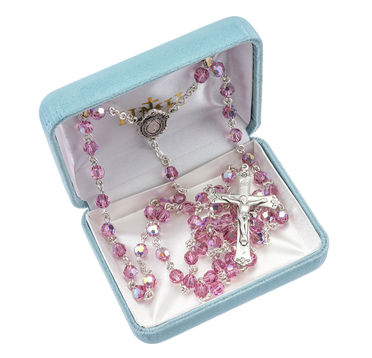 Sterling Silver Rosary Handmade with finest Austrian Crystal 6mm Pink Faceted Round Beads by HMH | .925 Silver
