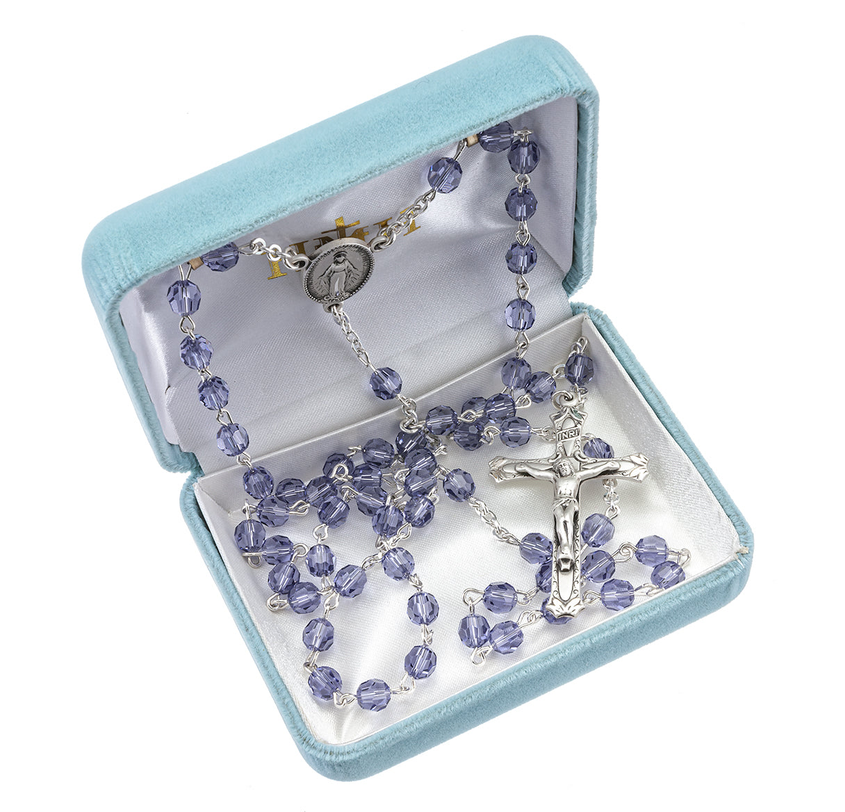 Sterling Silver Rosary Hand Made with finest Austrian Crystal 6mm Tanzanite Faceted Round Beads by HMH