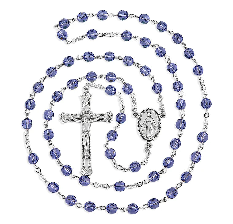 Sterling Silver Rosary Hand Made with Crystals by Swarovski® 6mm Tanzanite Faceted Round Beads by HMH
