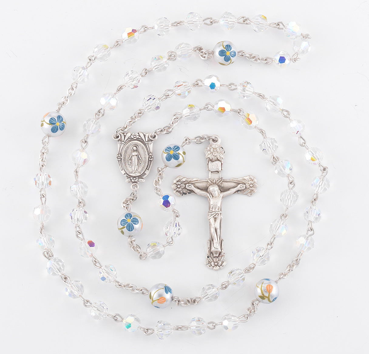 6mm Finest Aurora Crystal with 7mm Porcelain Flower O.F. Beads Necklace | Catholic Jewelry