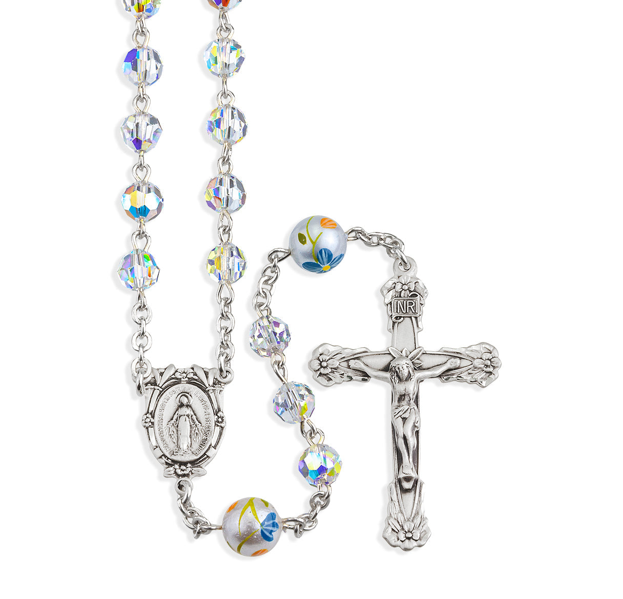 6mm Finest Aurora Crystal with 7mm Porcelain Flower O.F. Beads Necklace | Catholic Jewelry
