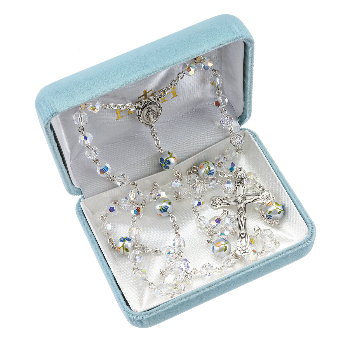 6mm Finest Aurora Crystal with 7mm Porcelain Flower O.F. Beads Necklace | Catholic Jewelry