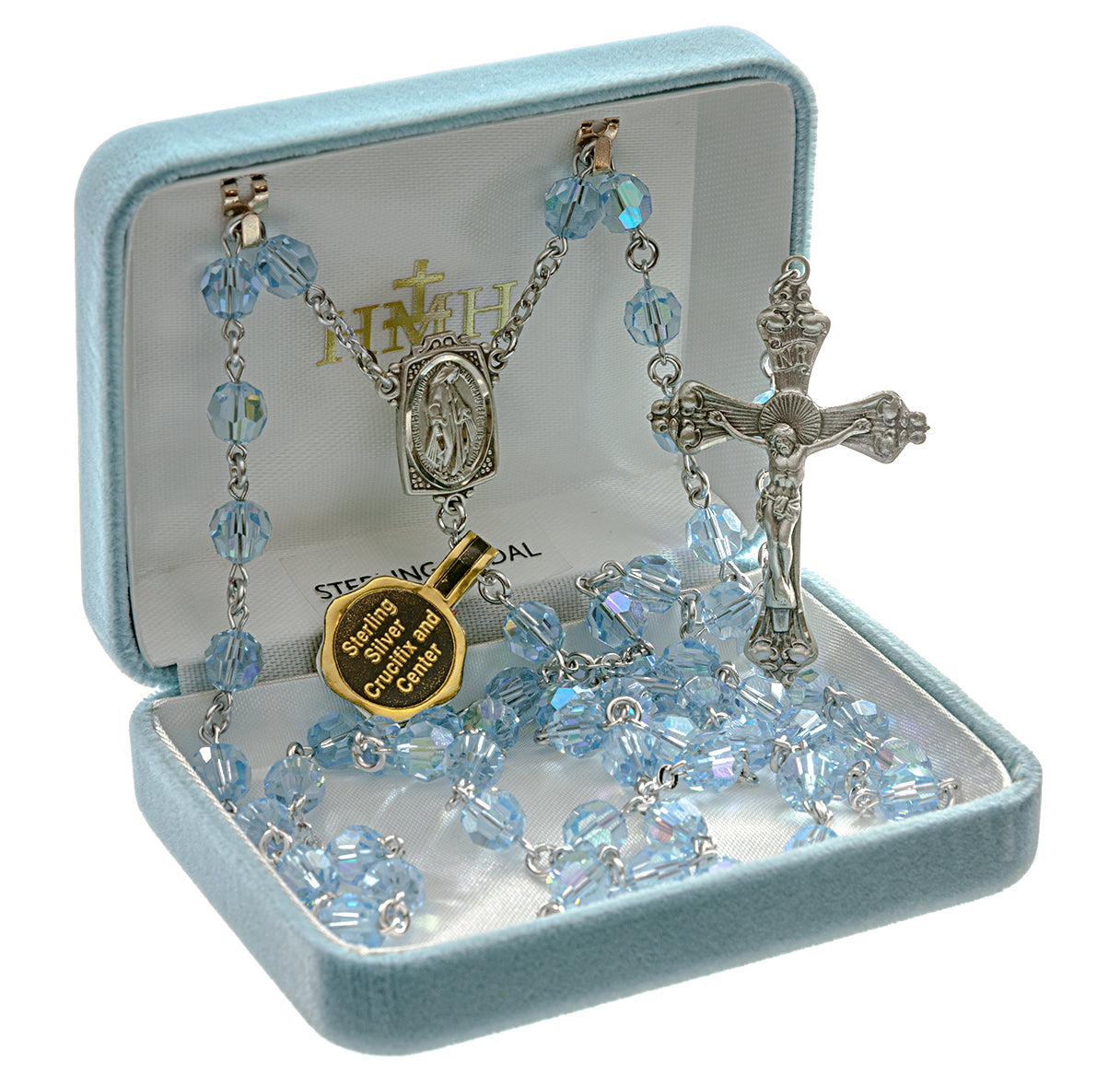Sterling Silver Rosary Handmade with Finest Austrian Crystal 7mm Aqua Round Faceted Beads by HMH | .925 Silver
