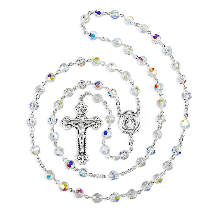 Sterling Silver Rosary Handmade with Crystals by Swarovski® 7mm Aurora Borealis Round Faceted Beads by HMH | .925 Silver