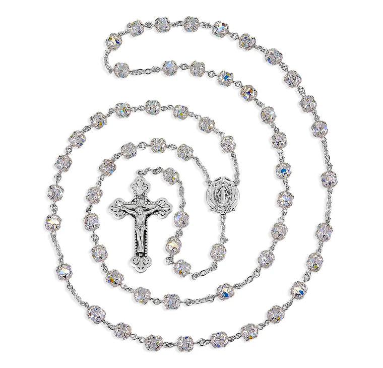 Sterling Silver Rosary Handmade with Crystals by Swarovski® 7mm Aurora Borealis Medium Double Capped Beads by HMH | .925 Silver