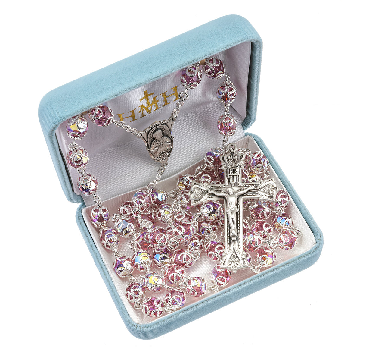 Sterling Silver Rosary Hand Made with finest Austrian Crystal 8mm Pink Double Capped Beads by HMH