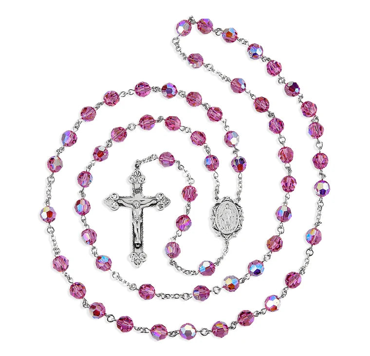 Sterling Silver Rosary Handmade with Crystals by Swarovski® 8mm Pink Beads by HMH | .925 Silver