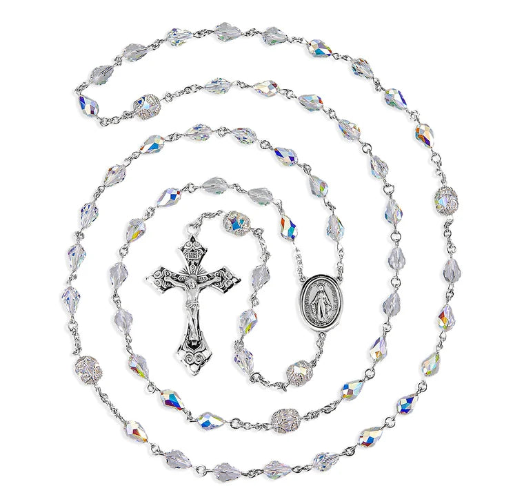 Aurora Tear Shape Crystals by Swarovski® Sterling Silver Rosary | .925 Silver