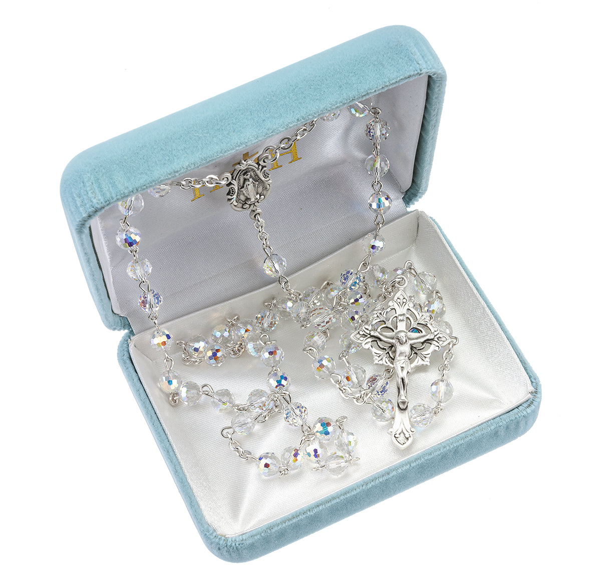 Sterling Silver Rosary Handmade with finest Austrian Crystal 8mm Round Multi-Faceted Beads by HMH | .925 Silver