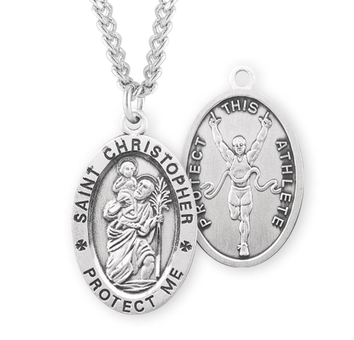 Sterling Silver Oval Sterling Silver Saint Christopher Track Male Athlete Medal Pendant with Chain | .925 Silver