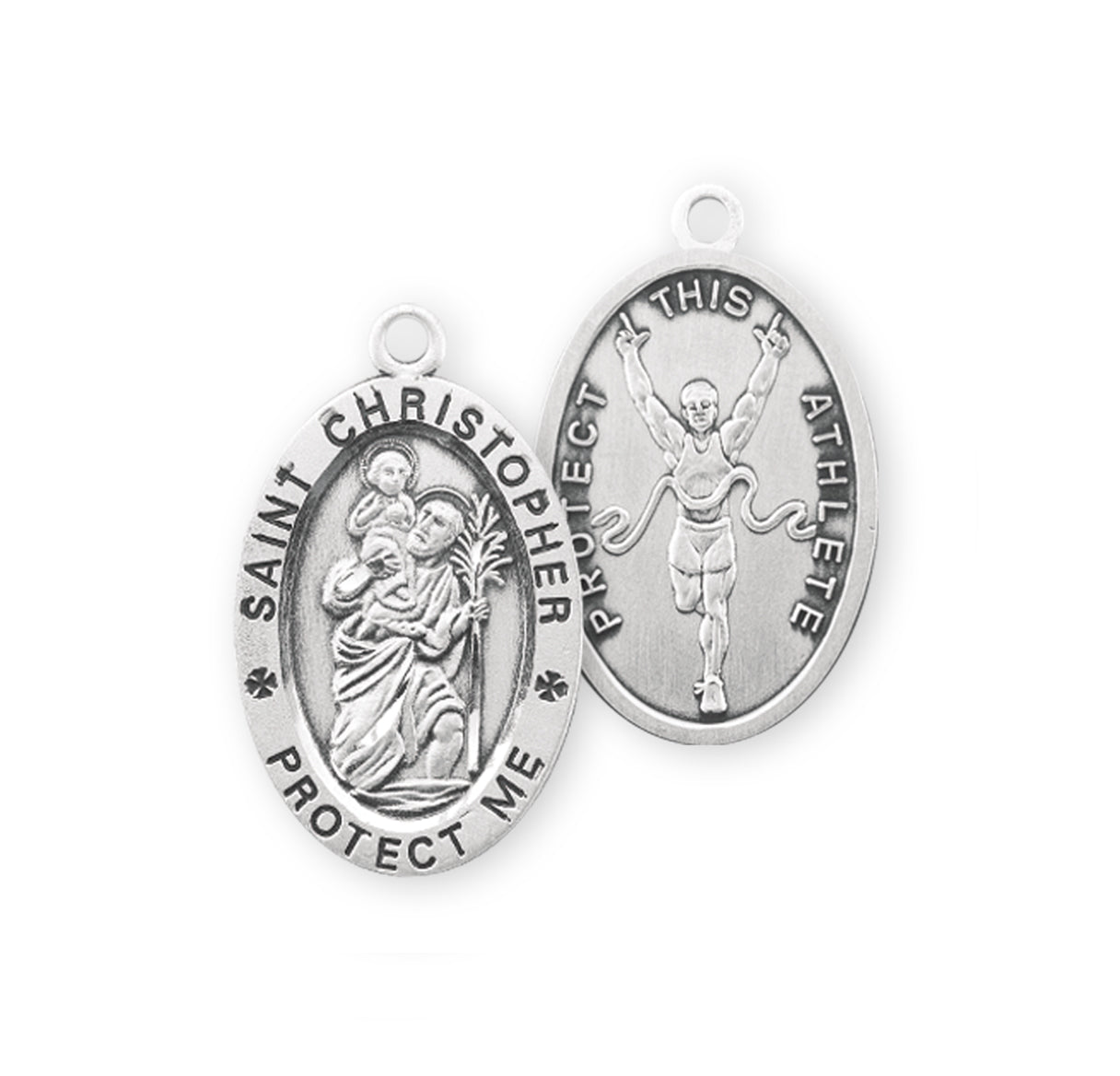 Sterling Silver Oval Sterling Silver Saint Christopher Track Male Athlete Medal Pendant with Chain | .925 Silver