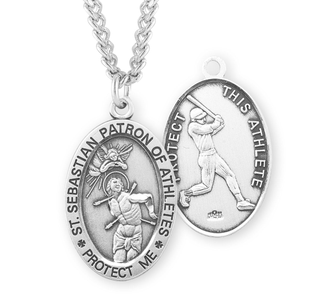 Saint Sebastian Oval Sterling Silver Baseball Male Athlete Medal Pendant with Chain | .925 Silver