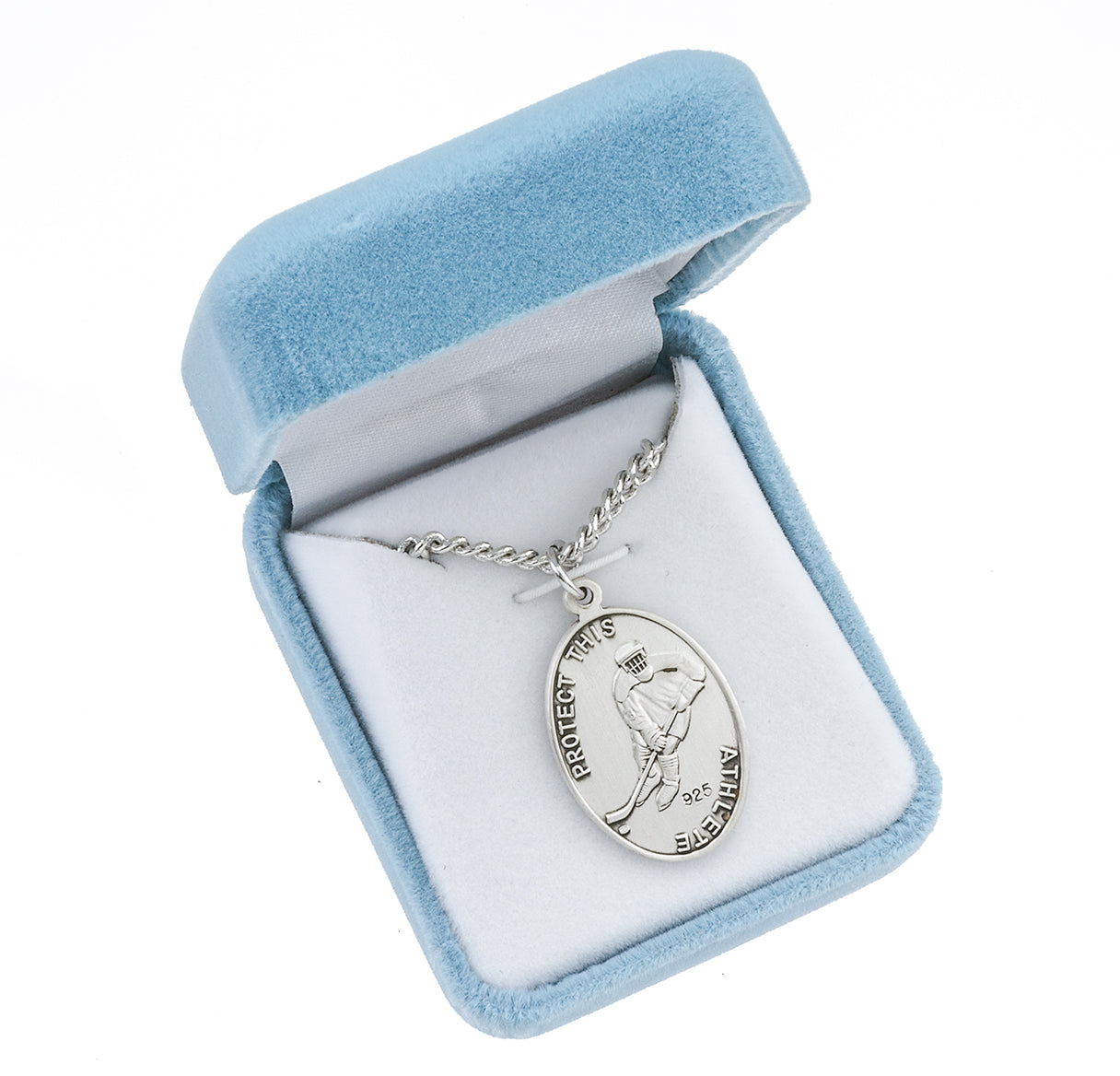 Saint Sebastian Oval Sterling Silver Hockey Male Athlete Medal Pendant with Chain | .925 Silver