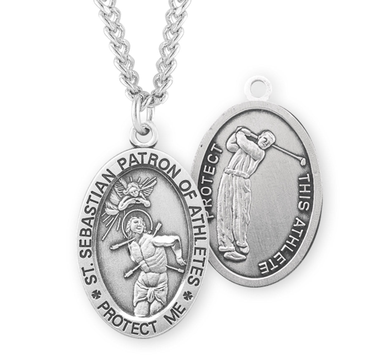 Saint Sebastian Oval Sterling Silver Golf Male Athlete Medal Pendant with Chain | .925 Silver