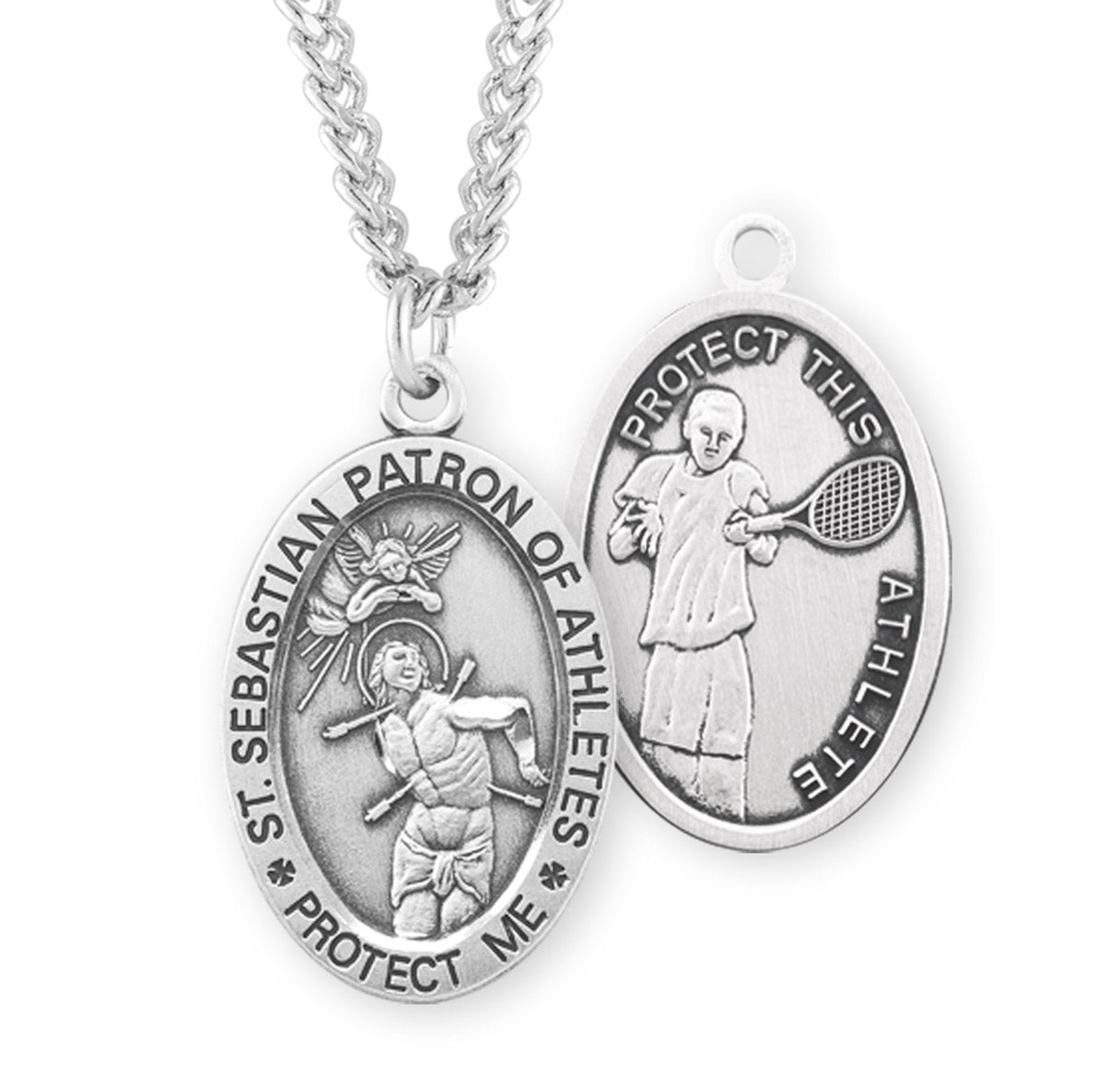Saint Sebastian Oval Sterling Silver Tennis Male Athlete Medal Pendant with Chain | .925 Silver
