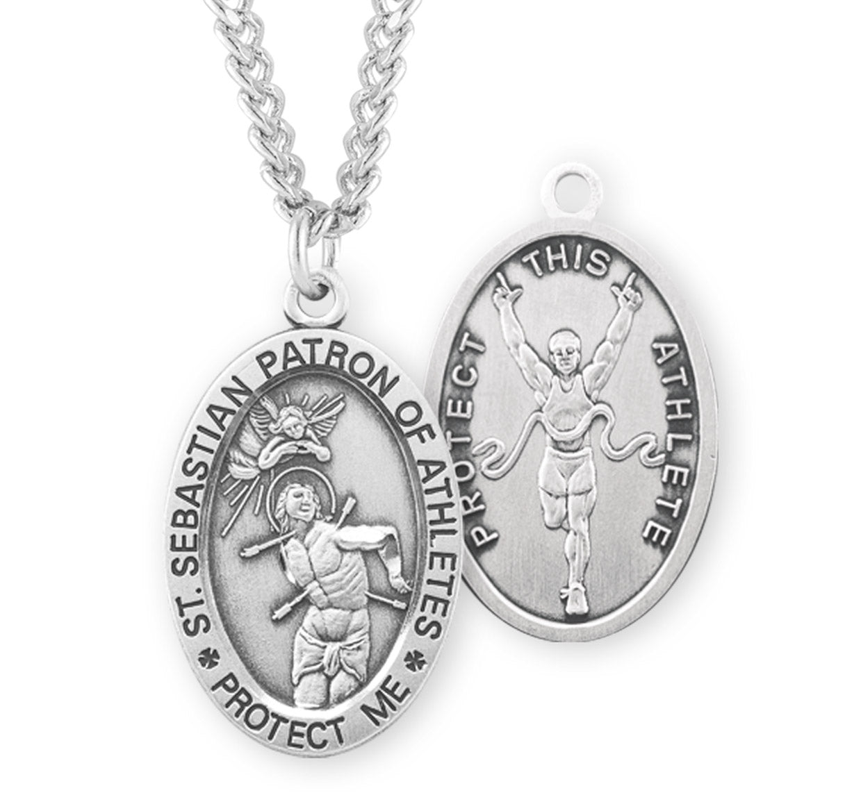 Saint Sebastian Oval Sterling Silver Track Male Athlete Medal Pendant with Chain | .925 Silver
