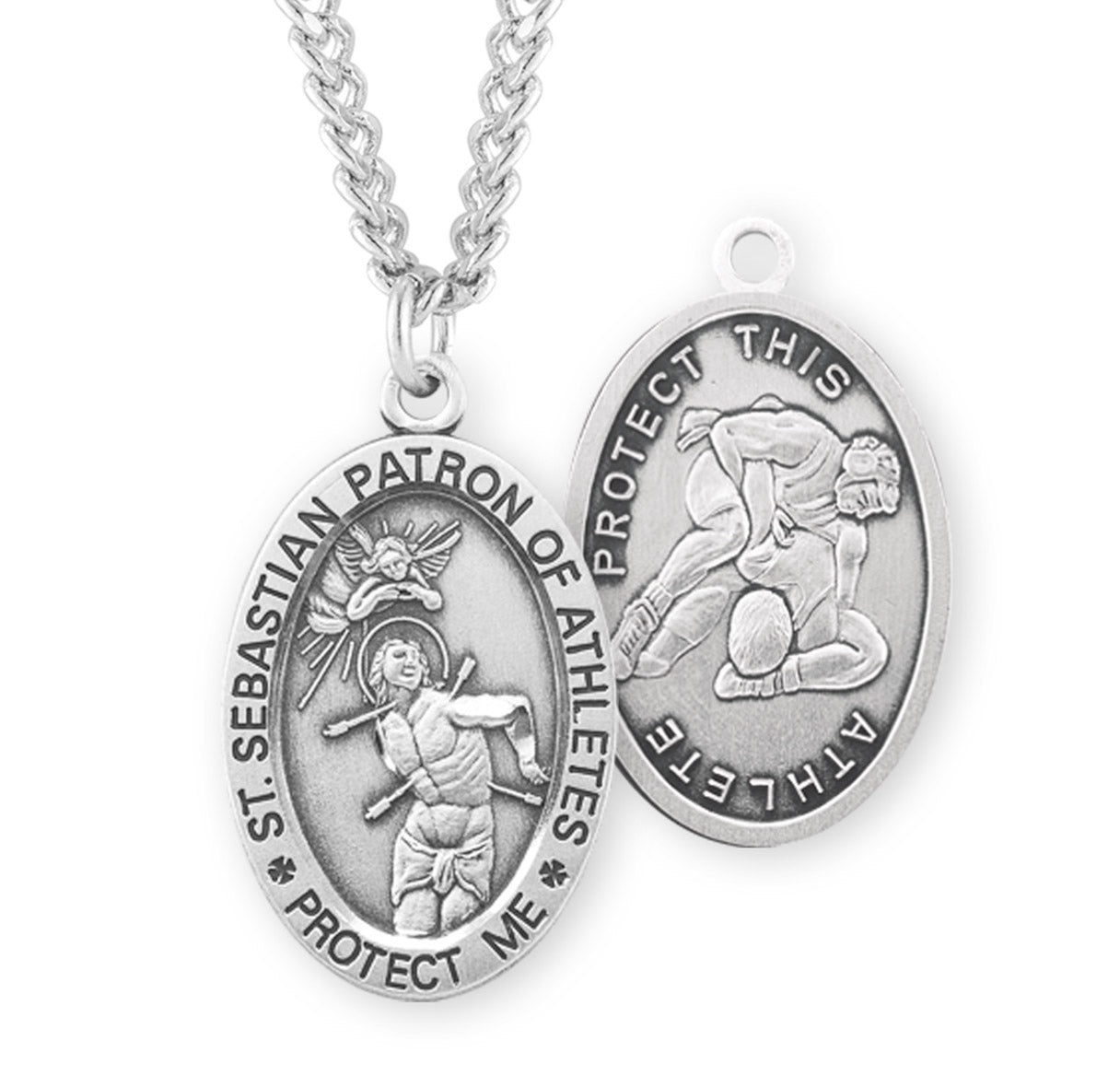 Saint Sebastian Oval Sterling Silver Wrestling Male Athlete Medal Pendant with Chain | .925 Silver
