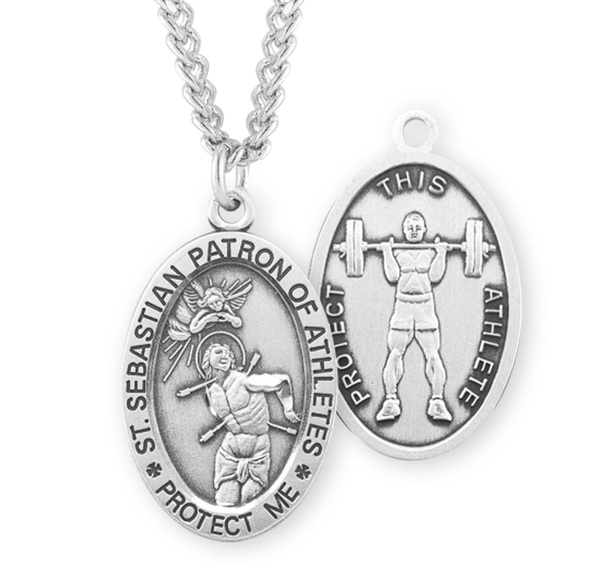 Saint Sebastian Oval Sterling Silver weightlifting Male Athlete Medal Pendant with Chain | .925 Silver