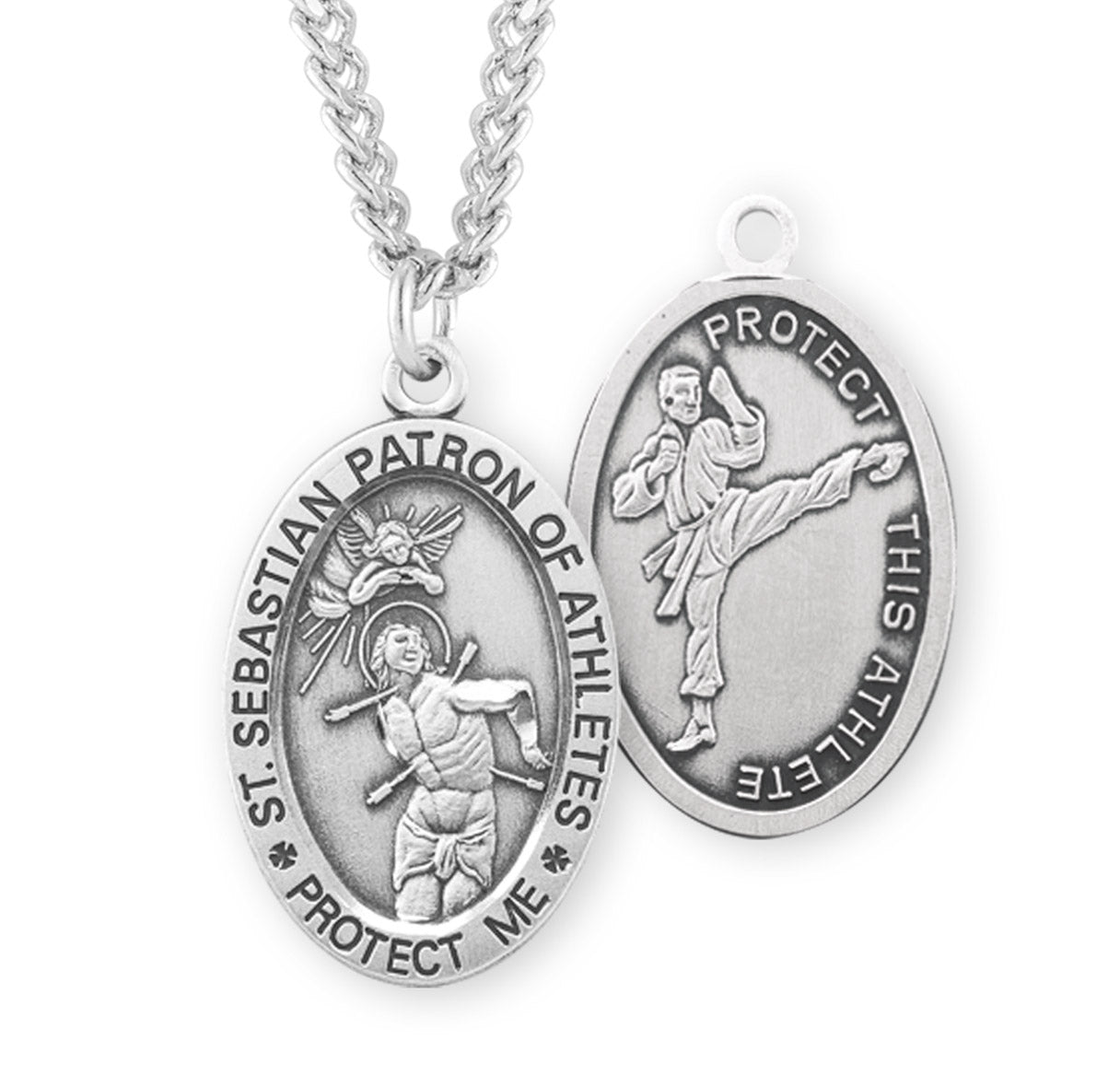 Saint Sebastian Oval Sterling Silver Martial Arts Male Athlete Medal Pendant with Chain | .925 Silver