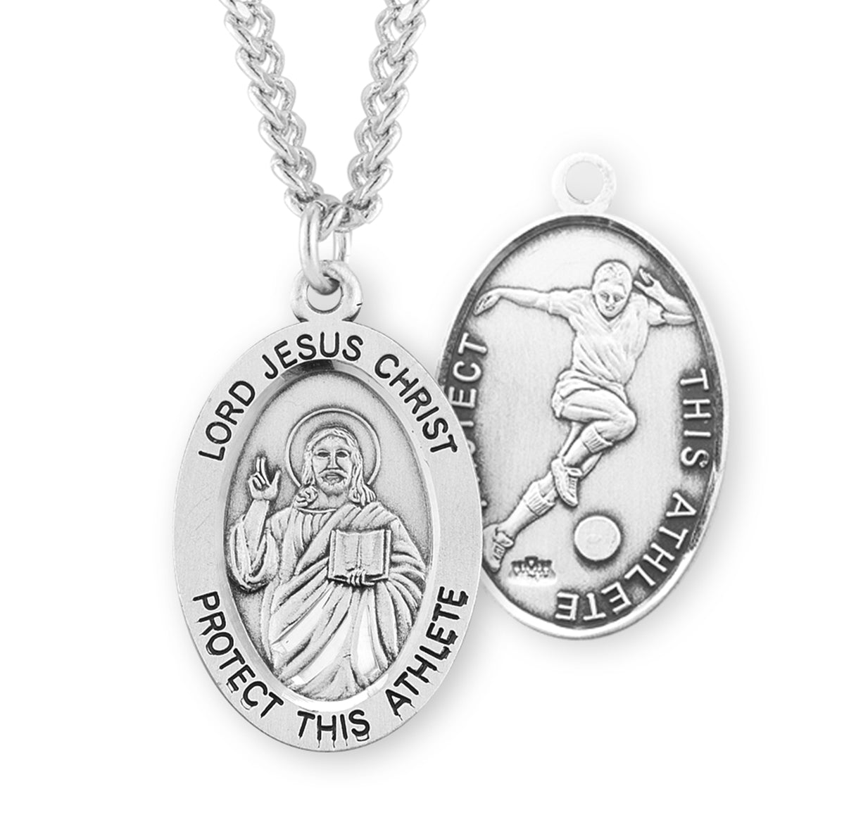 Lord Jesus Christ Oval Sterling Silver Soccer Male Athlete Medal Pendant with Chain | .925 Silver