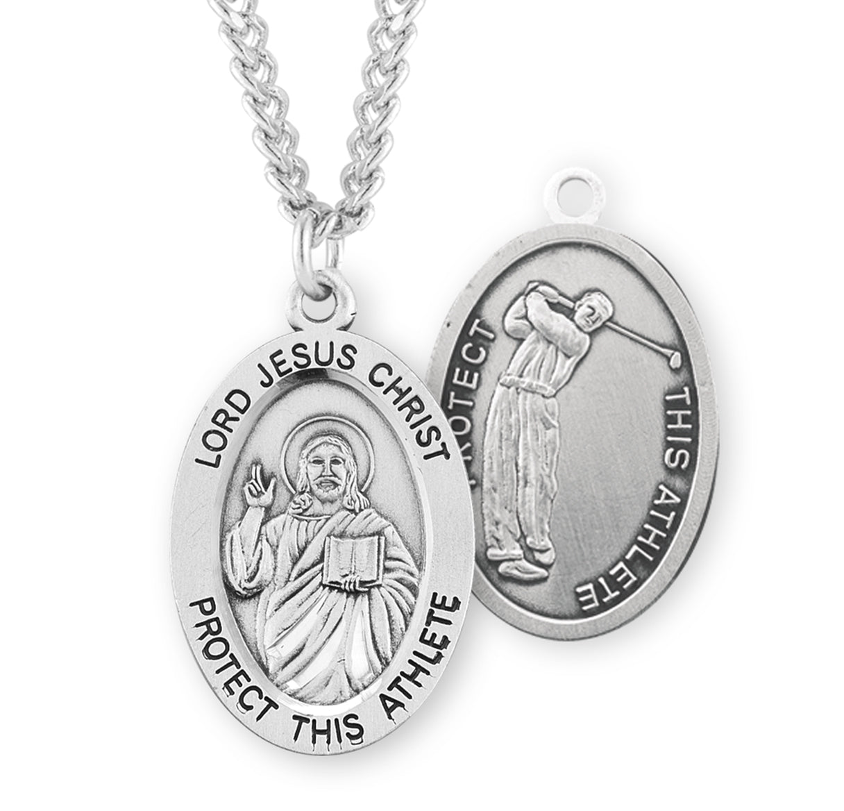 Lord Jesus Christ Oval Sterling Silver Golf Male Athlete Medal Pendant with Chain | .925 Silver