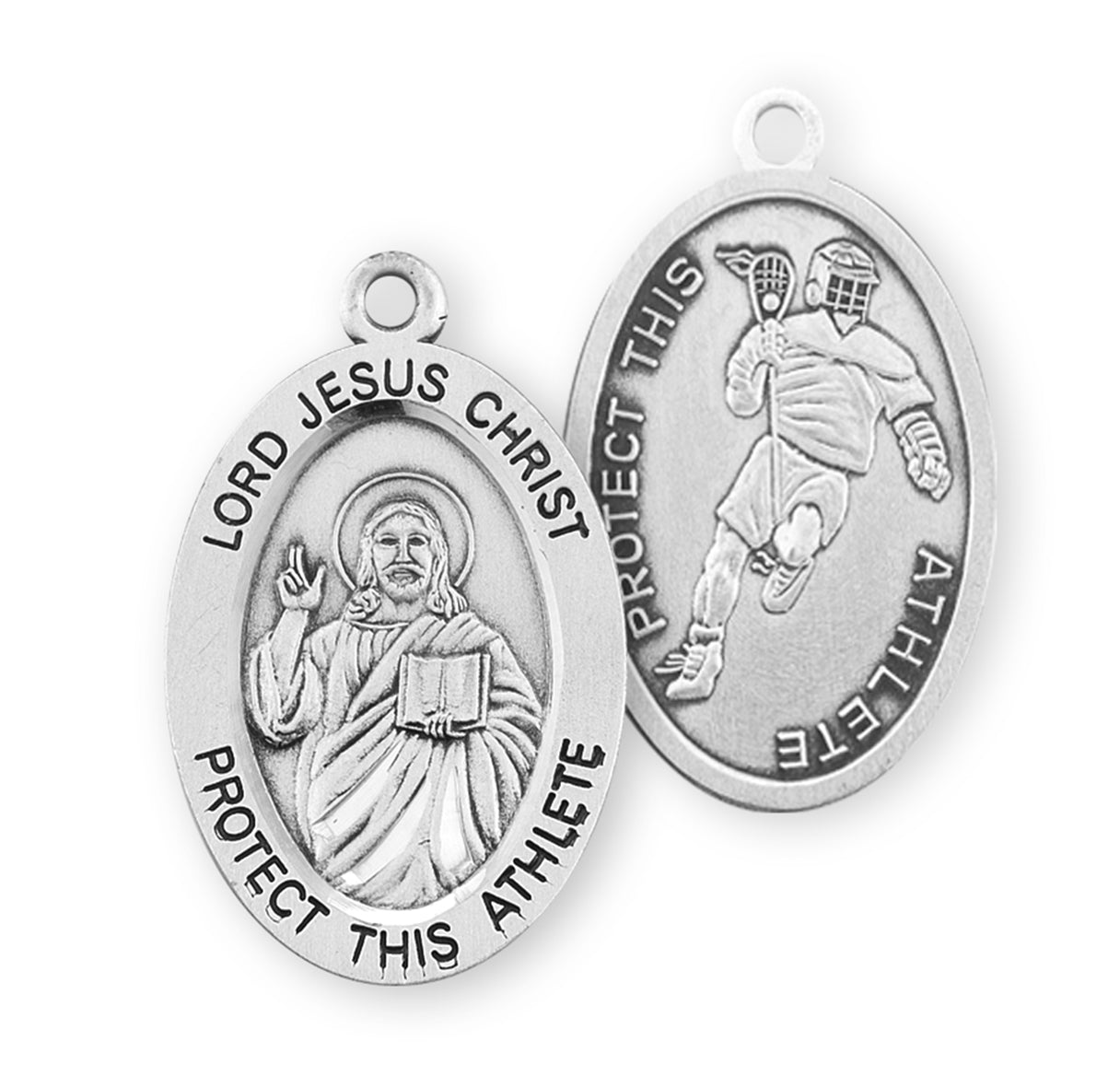 Lord Jesus Christ Oval Sterling Silver Lacrosse Male Athlete Medal Pendant with Chain | .925 Silver