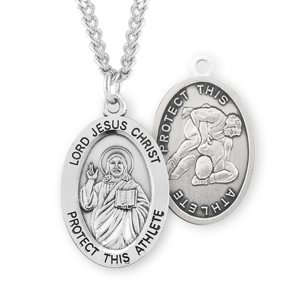 Lord Jesus Christ Oval Sterling Silver Wrestling Male Athlete Medal Pendant with Chain | .925 Silver